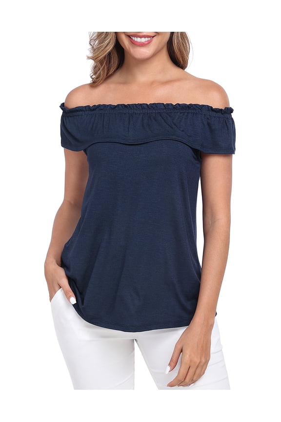 Women's Off Shoulder Top Convertible Ruffle Blouse Tops Navy Blue - XL