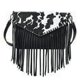 thumbnail image 1 of HDE Women's PU Leather Hobo Fringe Crossbody Tassel Purse Vintage Small Handbag Black Cow Print, 1 of 7