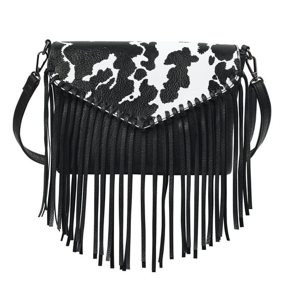 HDE Women's PU Leather Hobo Fringe Crossbody Tassel Purse Vintage Small Handbag Black Cow Print