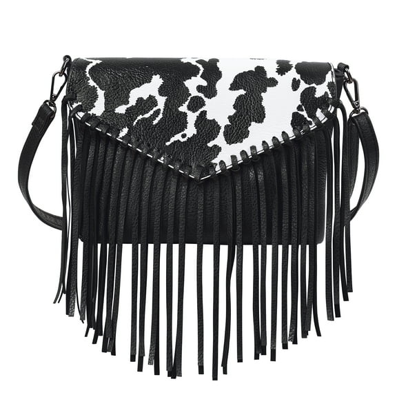 HDE Women's PU Leather Hobo Fringe Crossbody Tassel Purse Vintage Small Handbag Black Cow Print