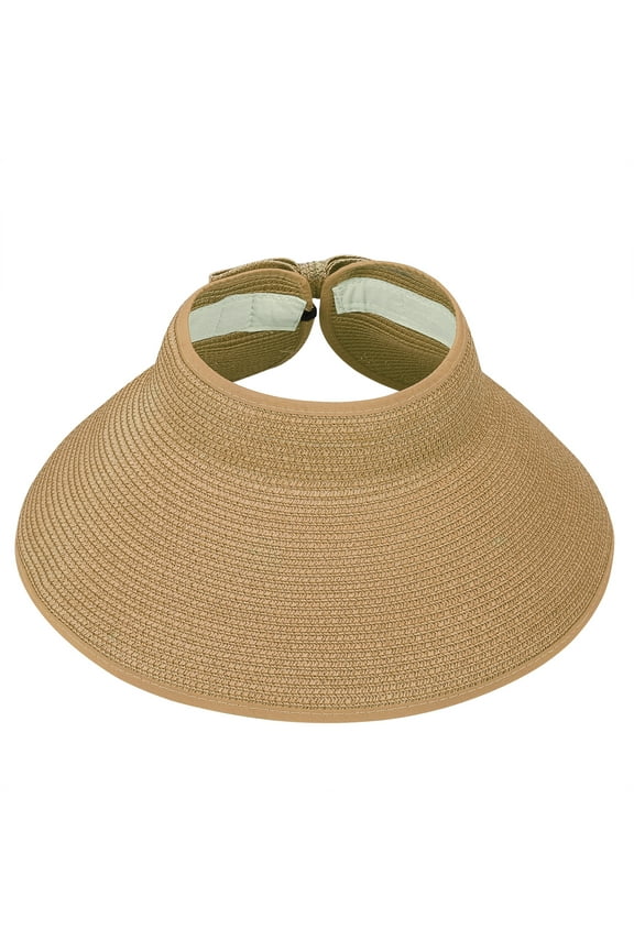 Women's Packable Roll Up Wide Brim Sun Visor Crushable Straw Beach Hat Bonnet Tan