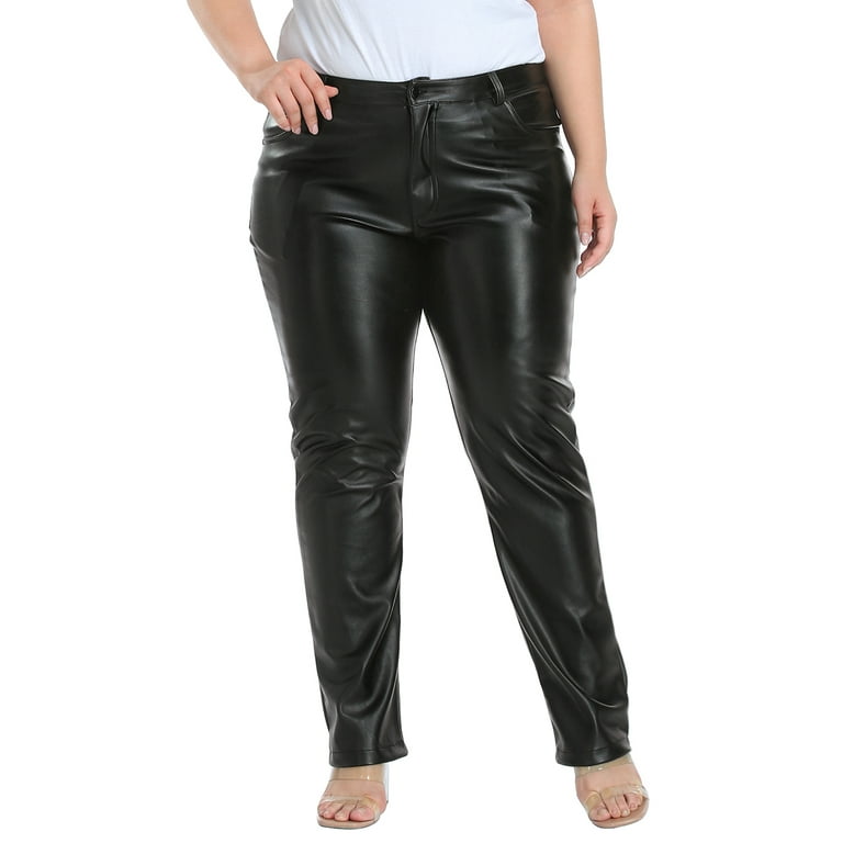 HDE Women's Plus Size High Waisted Faux Leather Pants with Pockets Black 1X