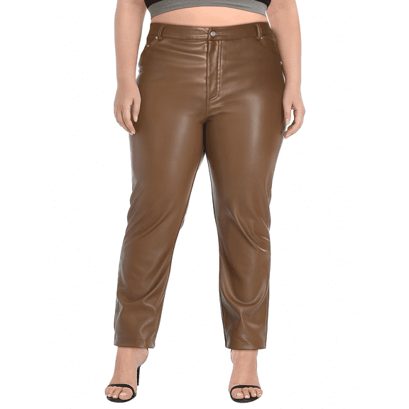 HDE Women's Plus Size High Waisted Faux Leather Pants with Pockets Brown 3X