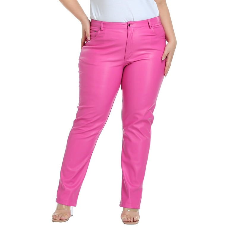 HDE Women's Plus Size High Waisted Faux Leather Pants with Pockets Hot Pink  1X
