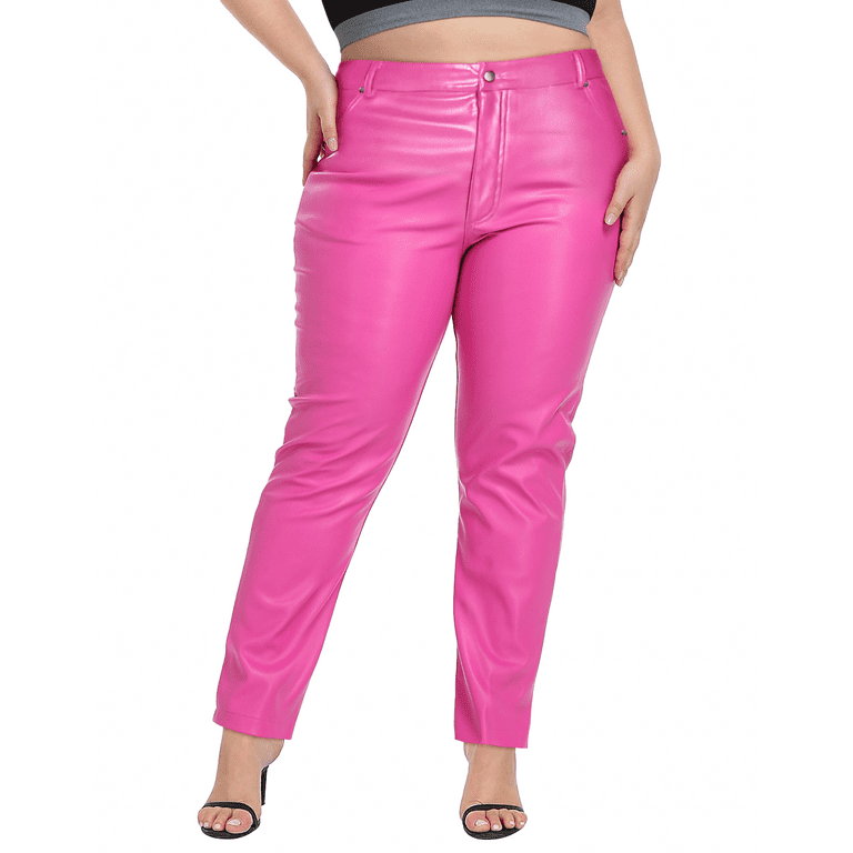 HDE Women s Plus Size High Waisted Faux Leather Pants with Pockets Hot Pink 1X