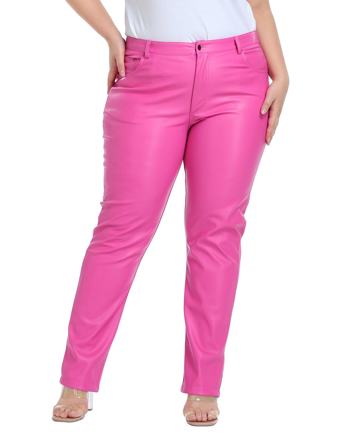HDE Women's Plus Size High Waisted Faux Leather Pants with Pockets Hot Pink  3X 
