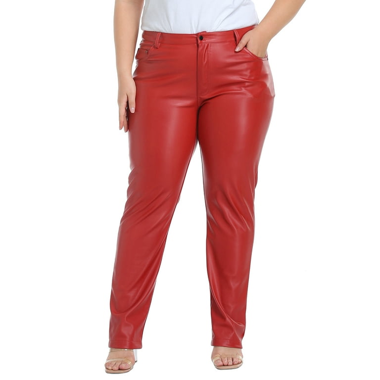 HDE Women's Plus Size High Waisted Faux Leather Pants with Pockets Red 1X