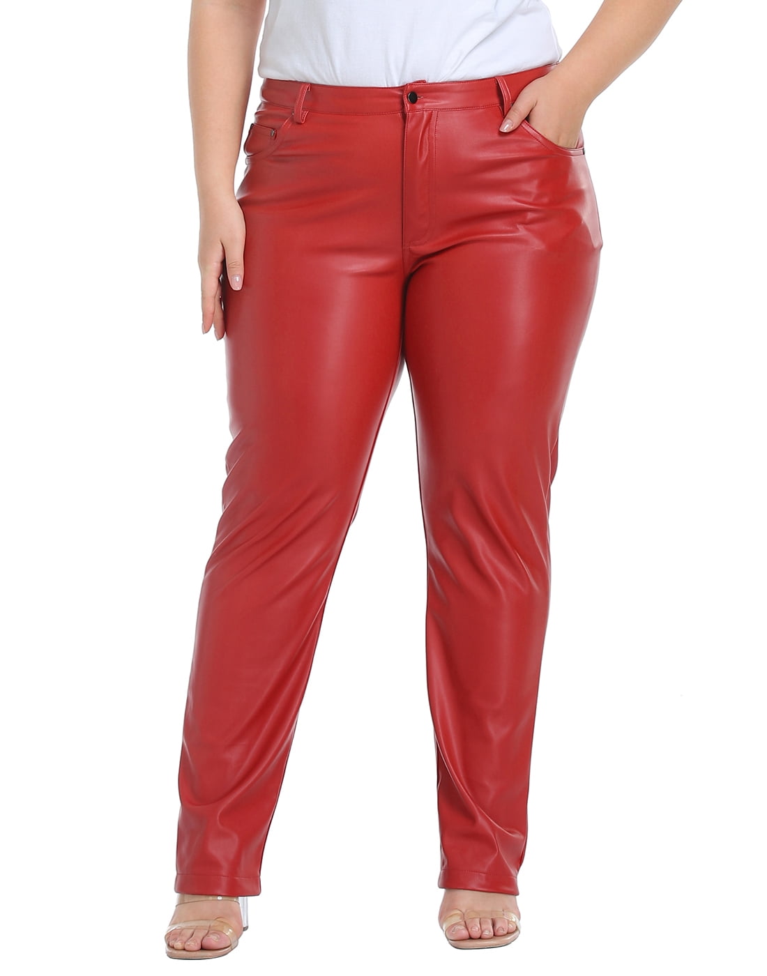 HDE Women's Plus Size High Waisted Faux Leather Pants with Pockets Red 2X 