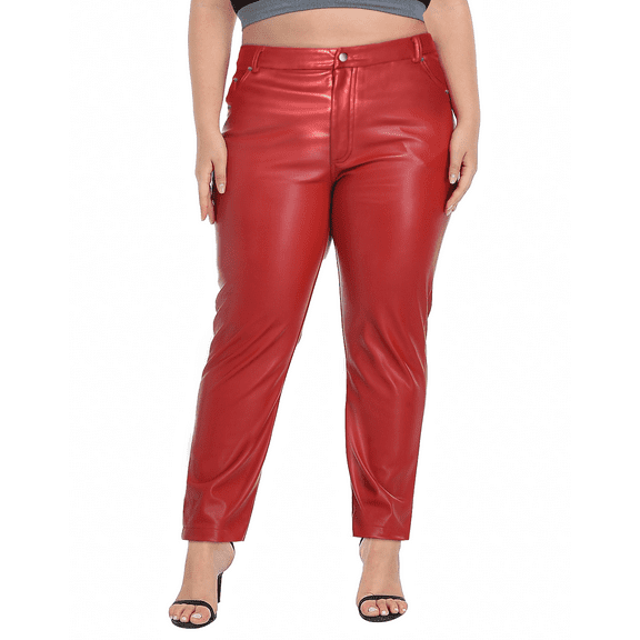 HDE Women's Plus Size High Waisted Faux Leather Pants with Pockets Red 2X