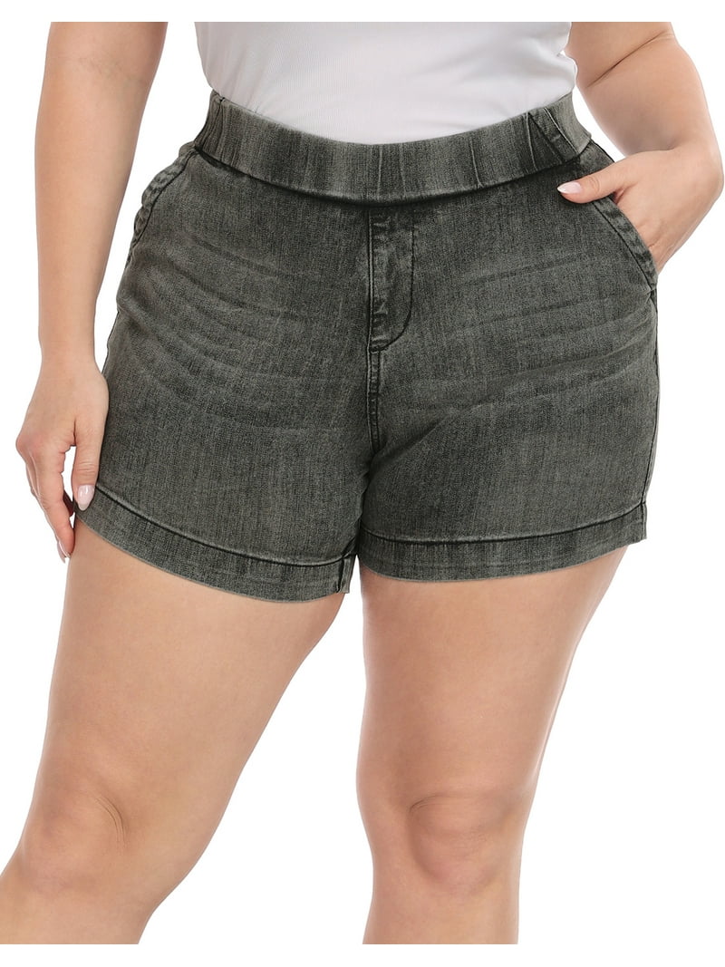 HDE Women's Plus Size Jean Shorts High Waisted Pull On Shorts