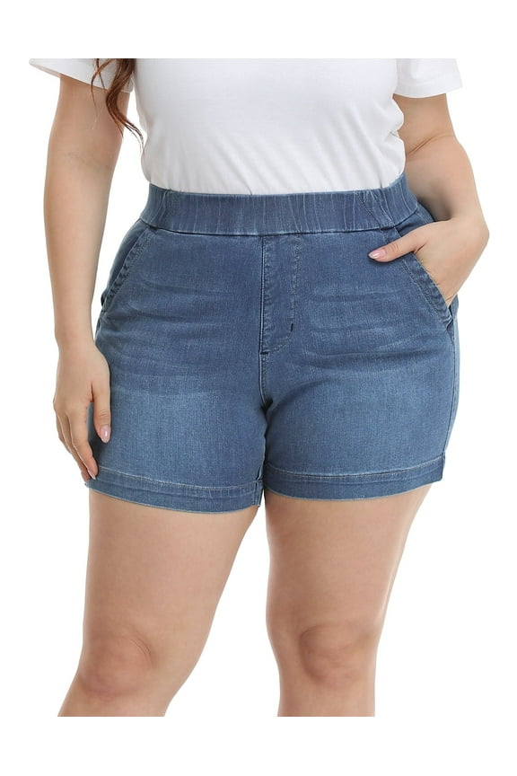 Women's Plus Size Jean Shorts High Waisted Pull On Shorts Blue 14