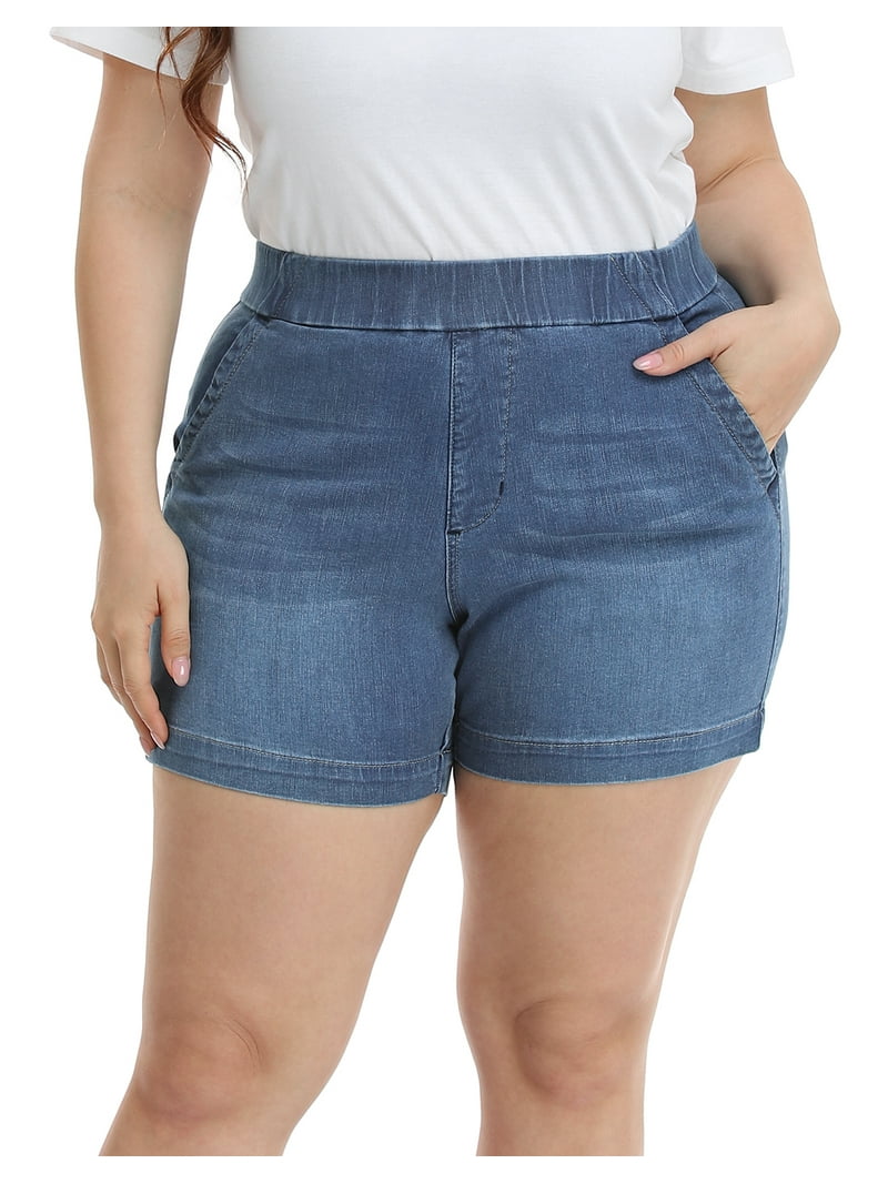 HDE Women's Plus Size Jean Shorts High Waisted Pull On Shorts Blue