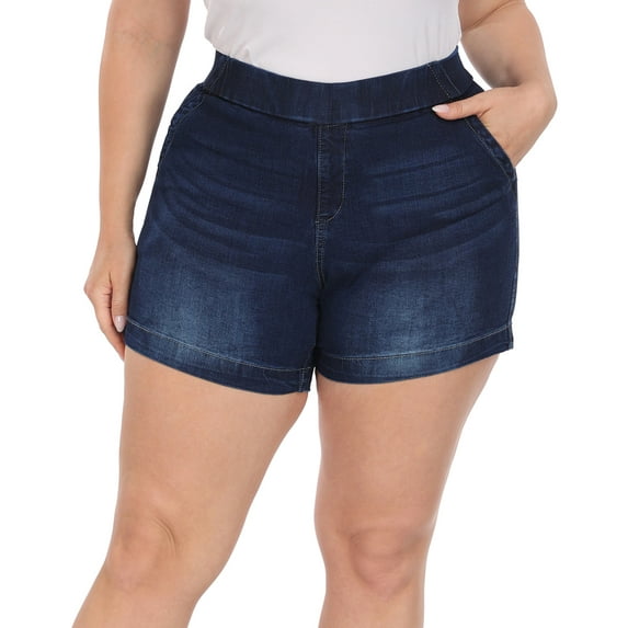 HDE Women's Plus Size Jean Shorts High Waisted Pull On Shorts Dark Blue 22