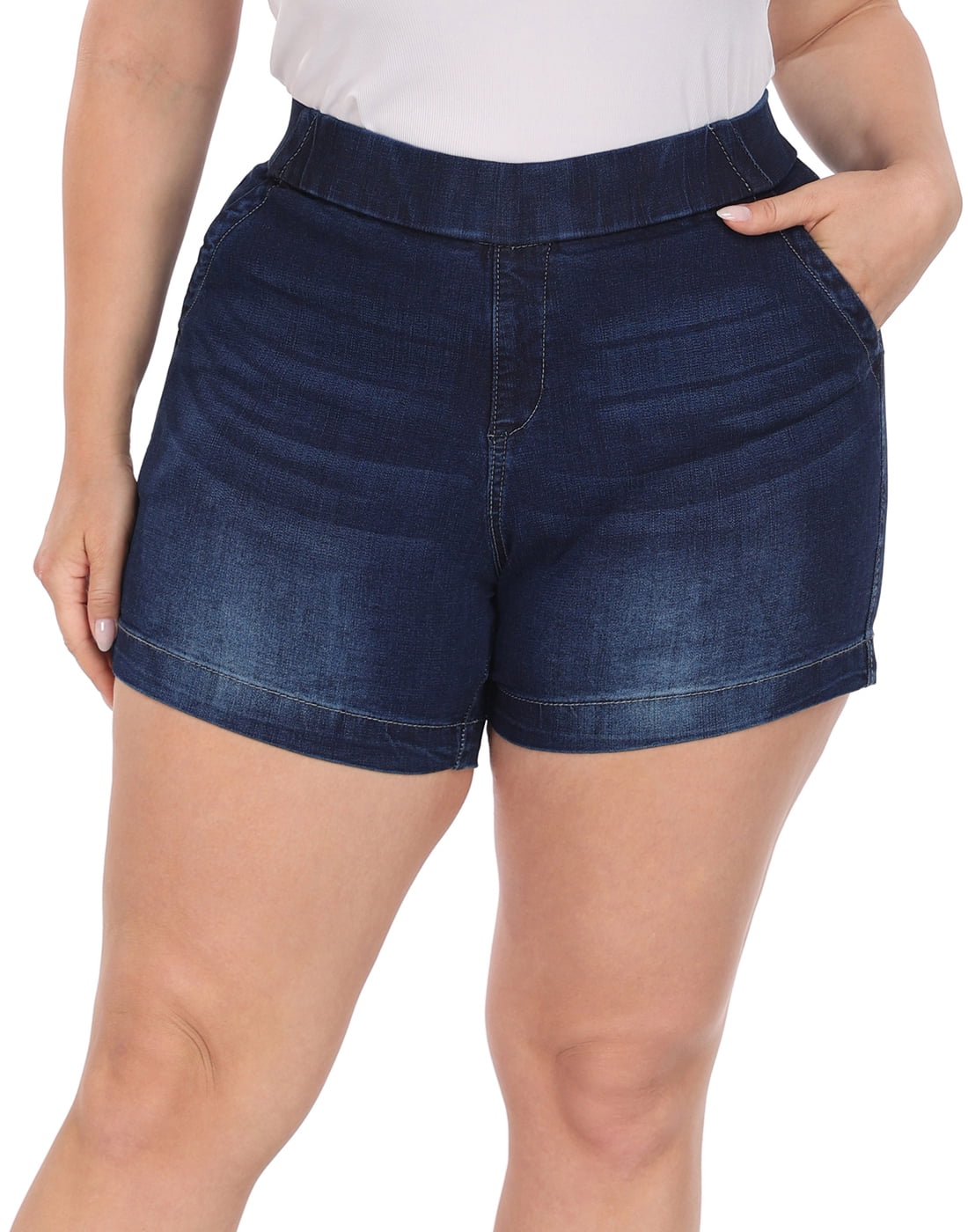 HDE Women's Plus Size Jean Shorts High Waisted Pull On Shorts Dark Blue