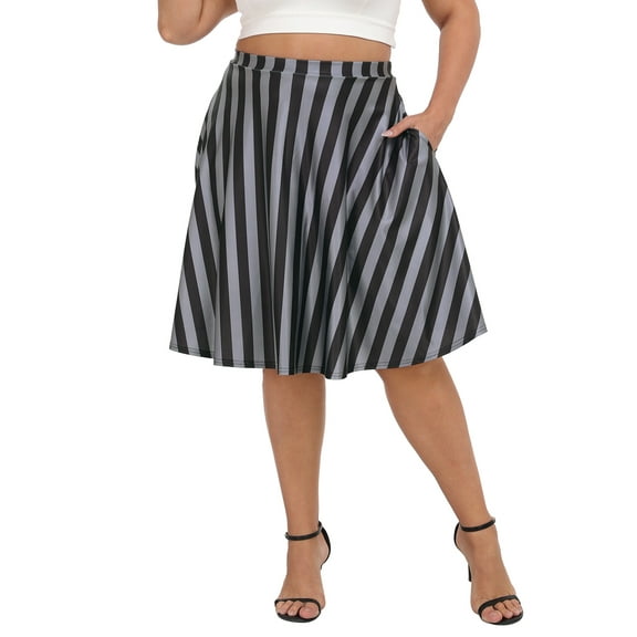 HDE Women's Plus Size Midi Knee Length Skater Skirt with Pockets Black and Gray Vertical Stripes 3X