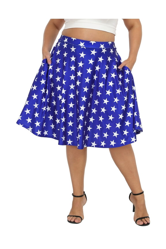 Women's Plus Size Midi Knee Length Skater Skirt with Pockets Blue and White Stars 2X