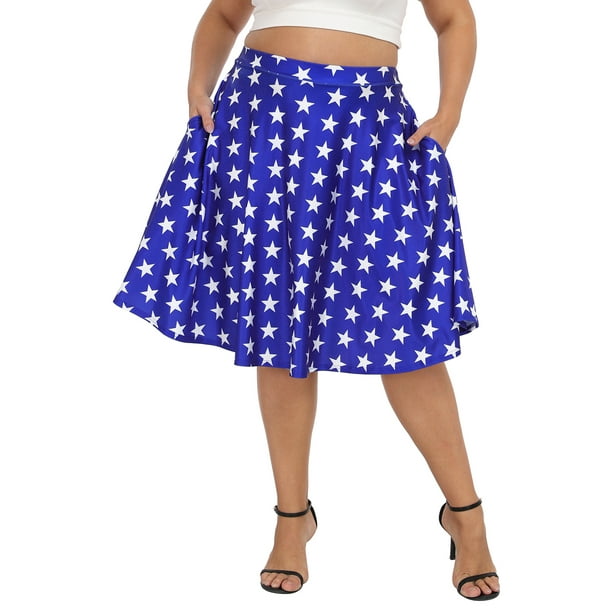 HDE Women s Plus Size Midi Knee Length Skater Skirt with Pockets Blue and White Stars 3X