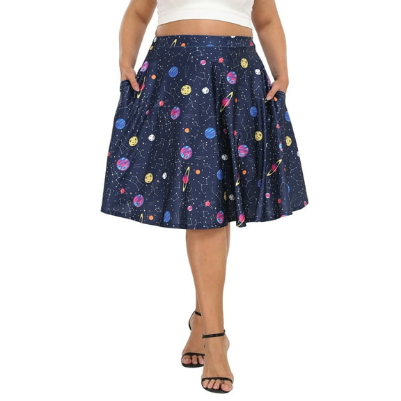 HDE Women's Plus Size Midi Knee Length Skater Skirt with Pockets Solar System 1X