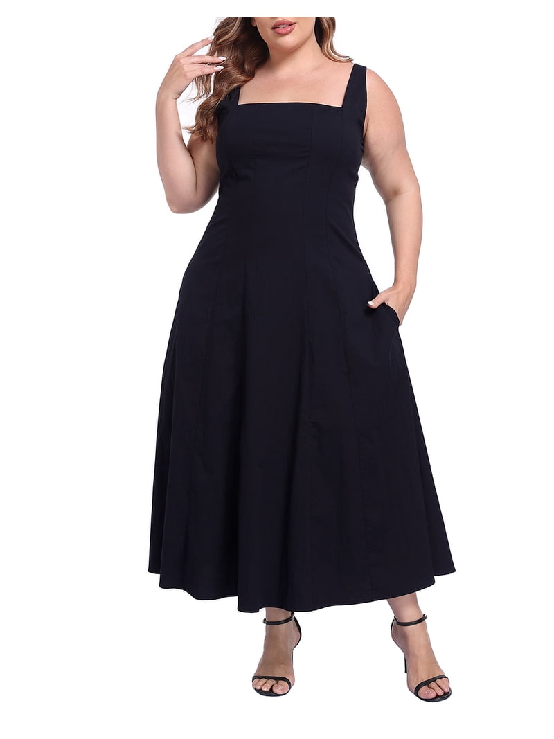 midi flattering summer dresses for plus size Womens Plus Size Square Neck Midi Dress with Pockets Black / 2X