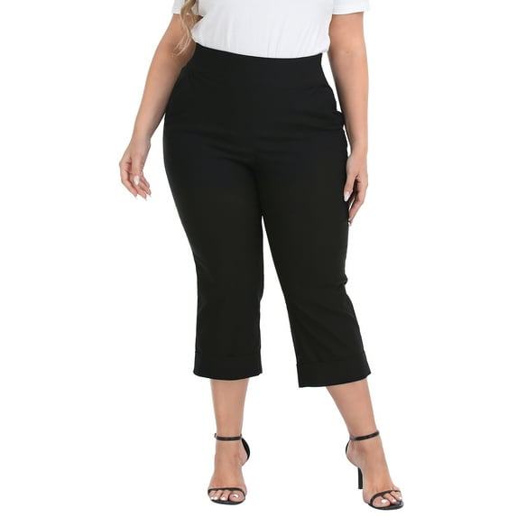 HDE Women's Plus Size Pull On Capris with Pockets Cropped Pants Black 1X
