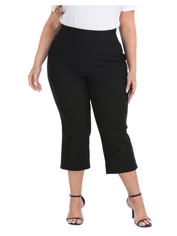 Women's Plus Size Pull On Capris with Pockets Cropped Pants Black 3X