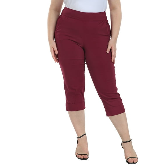 HDE Women's Plus Size Pull On Capris with Pockets Cropped Pants Burgundy 1X