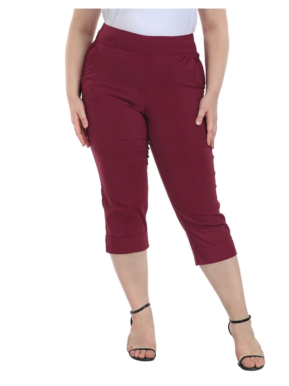 Women's Plus Size Pull On Capris with Pockets Cropped Pants Burgundy 3X