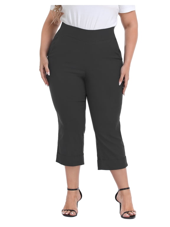 Women's Plus Size Pull On Capris with Pockets Cropped Pants Charcoal 2X