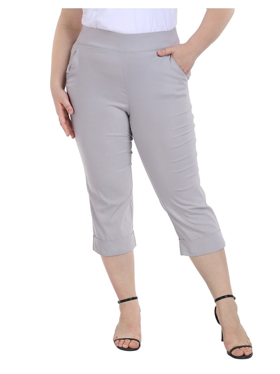 Women's Plus Size Pull On Capris with Pockets Cropped Pants Cool Gray 2X