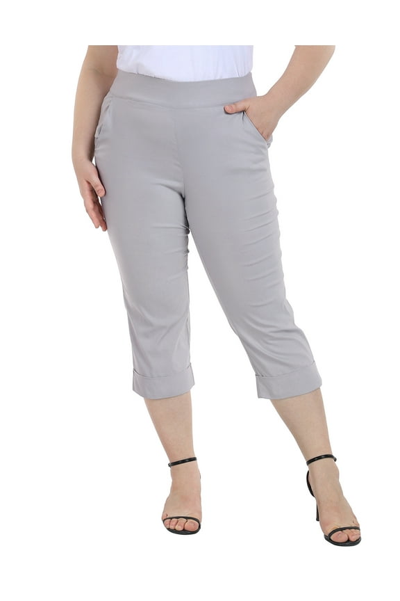 Women's Plus Size Pull On Capris with Pockets Cropped Pants Cool Gray 3X