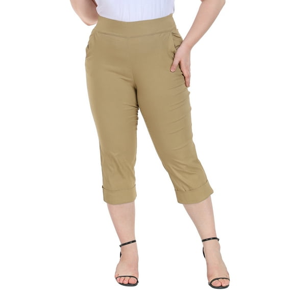 HDE Women's Plus Size Pull On Capris with Pockets Cropped Pants Dark Khaki 1X
