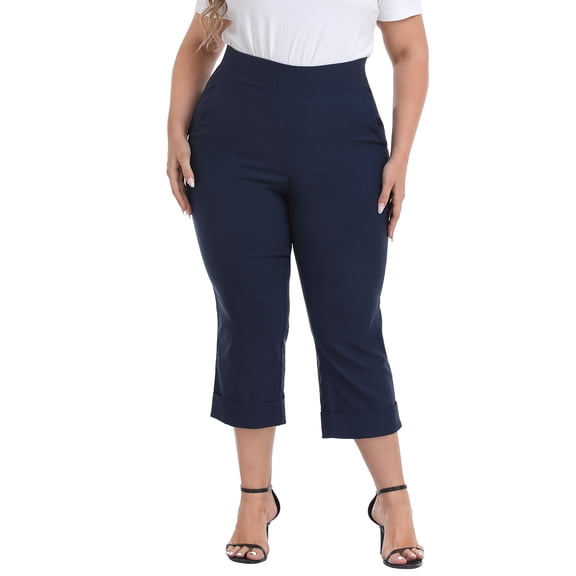 HDE Women's Plus Size Pull On Capris with Pockets Cropped Pants Navy 3X