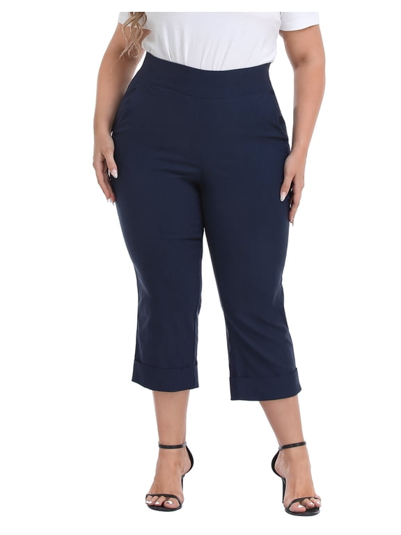 Women's Plus Size Pull On Capris with Pockets Cropped Pants Navy 3X