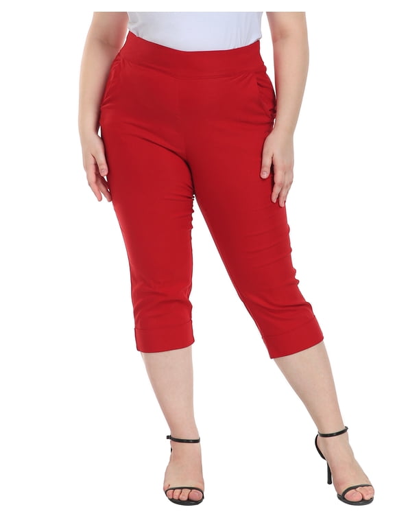Women's Plus Size Pull On Capris with Pockets Cropped Pants Red 2X