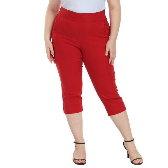 HDE Women's Plus Size Pull On Capris with Pockets Cropped Pants Red 3X