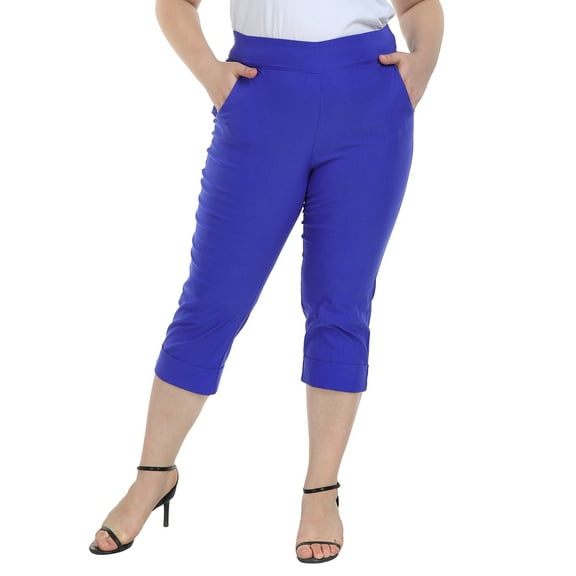 HDE Women's Plus Size Pull On Capris with Pockets Cropped Pants Royal Blue 3X