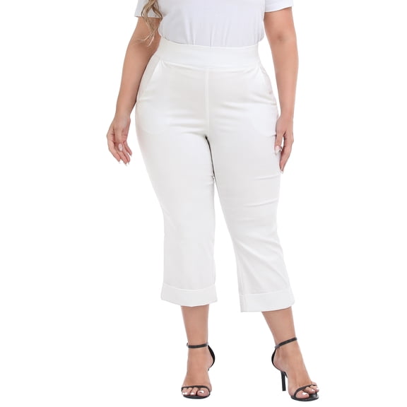 HDE Women's Plus Size Pull On Capris with Pockets Cropped Pants White 1X