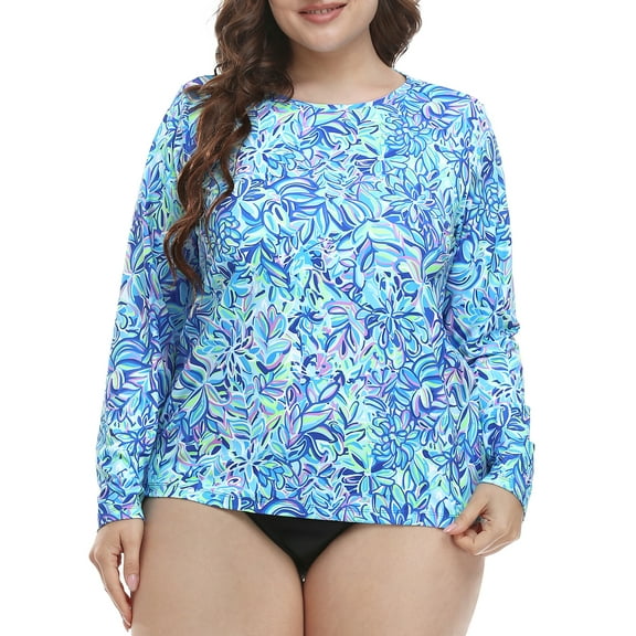 HDE Women's Plus Size Rash Guard UPF 50 Long Sleeve Swim Top Beach Floral 3X