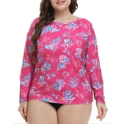 HDE Women's Plus Size Rash Guard UPF 50 Long Sleeve Swim Top Pink Seashells 1X