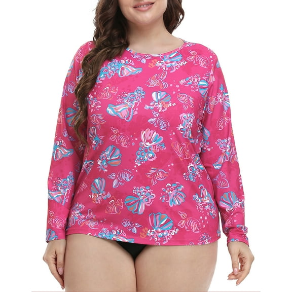 HDE Women's Plus Size Rash Guard UPF 50 Long Sleeve Swim Top Pink Seashells 2X