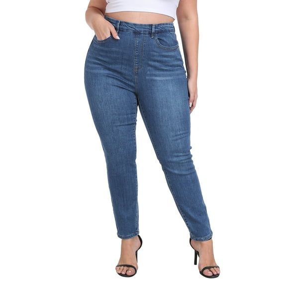 HDE Women's Plus Size Skinny Jeans Pull On Stretch Denim Jegging with Pockets Blue - 1X
