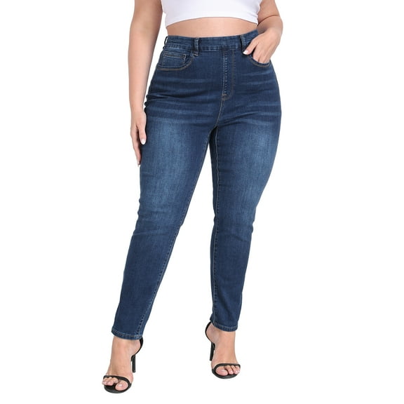 HDE Women's Plus Size Skinny Jeans Pull On Stretch Denim Jegging with Pockets Dark Blue - 1X