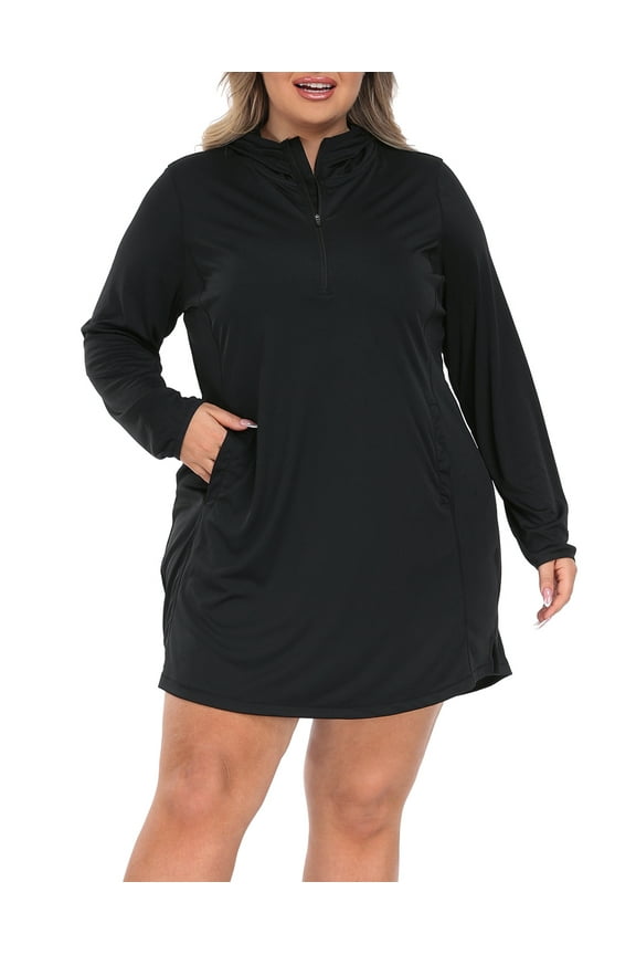 Women's Plus Size UPF 50 Swim Coverup Dress with Hood Black 1X