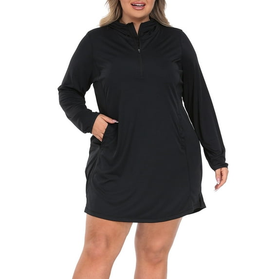 HDE Women's Plus Size UPF 50 Swim Coverup Dress with Hood Black 2X