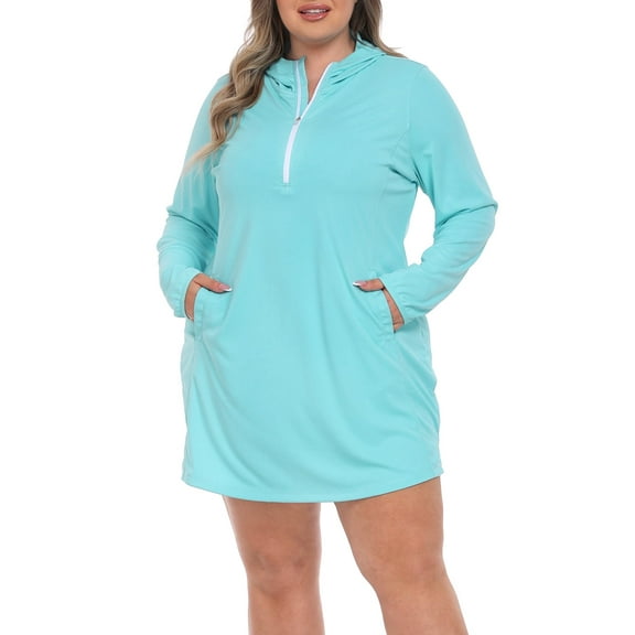 HDE Women's Plus Size UPF 50 Swim Coverup Dress with Hood Blue 1X