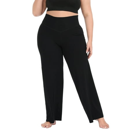 HDE Women's Plus Size Yoga Pants High Waisted Wide Leg Leggings Black 1X