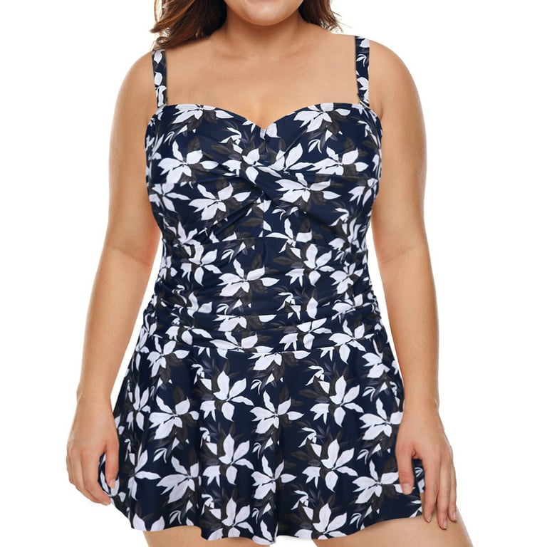 CHLORINE RESISTANT AQUAMORE SOLID SKATER PLUS SIZE SWIMDRESS