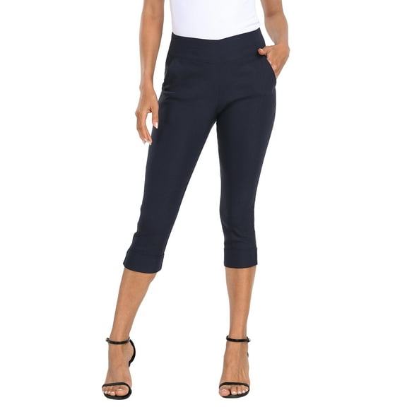 HDE Women's Pull On Capri 19" Inseam Cropped Pants with Pockets Navy Blue S