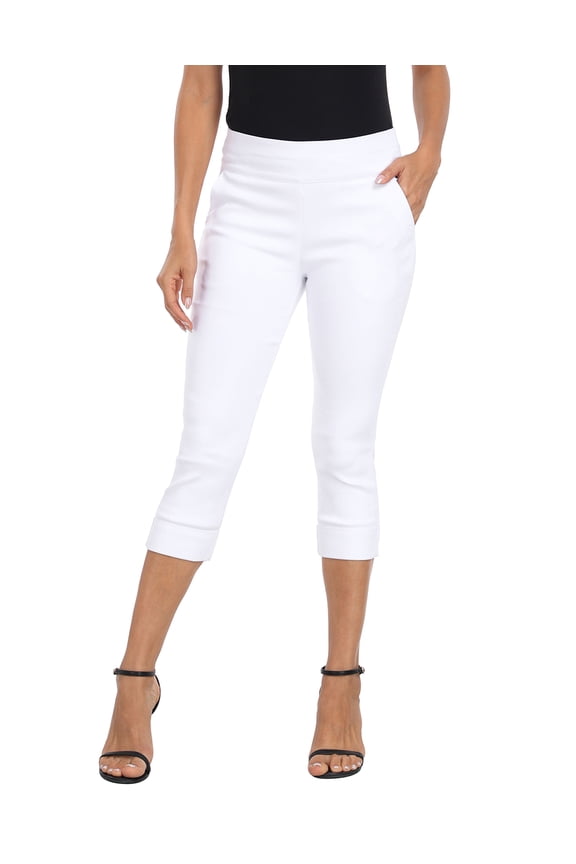Women's Pull On Capri 19" Inseam Cropped Pants with Pockets White L