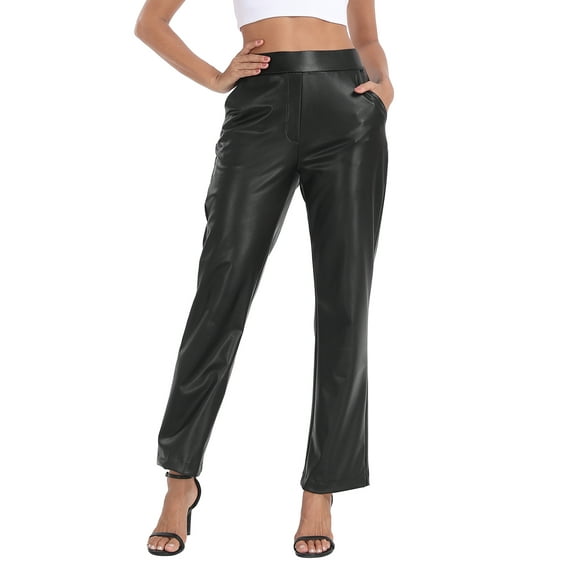 HDE Women's Pull On Faux Leather Kick Flare Pants with Pockets Black - S